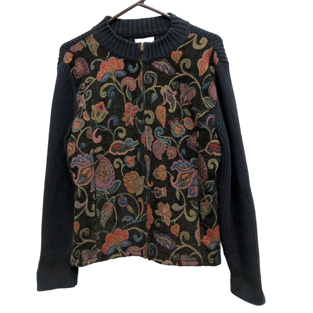 VTG Christopher & Banks Cardigan Sweater Womens L Black Floral Tapestry Full Zip